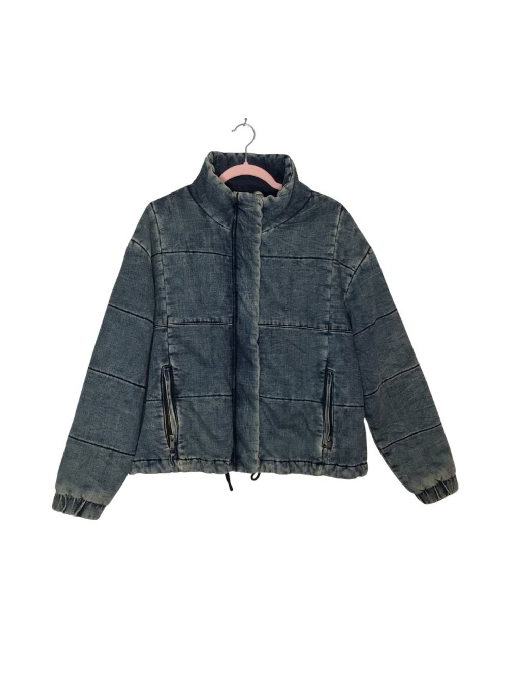 American Eagle Blue Denim Puffer Jacket With Zipper & Snap Front Closure Size L